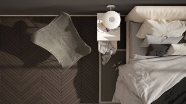 Modern gri minimalist yatak odası, yastık ve battaniye, ringa kemiği parke zemin, başucu masaları, koltuk ve halı ile yatak. Mimarlık, iç tasarım konsepti, üst görünüm