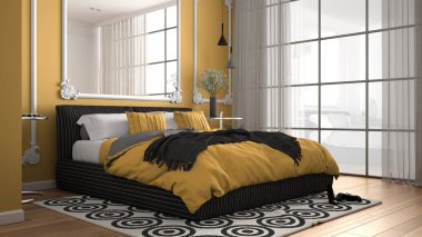 Duvar pervazları, parke, yorgan ve yastık, minimalist başucu masaları, ayna ve dekorlar ile klasik odada Modern sarı renkli yatak odası. İç tasarım konsepti