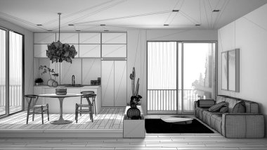 Kanepe, mutfak, yemek masası, sulu saksı bitkileri, parke zemin, pencere, panoramik balkon, modern mimari konsept iç tasarım ile oturma odası bitmemiş proje