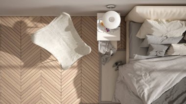 Modern beyaz minimalist yatak odası, yastık ve battaniye, ringa kemiği parke zemin, başucu masaları, koltuk ve halı ile çift kişilik yatak. Mimarlık, iç tasarım konsepti, üst görünüm