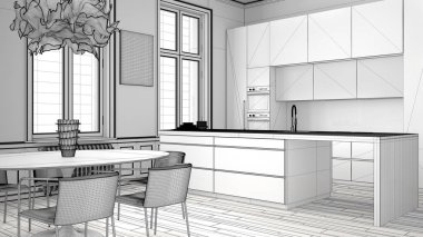 Klasik oda minimalist mutfak bitmemiş proje, parke zemin, yemek masası, sandalyeler, ada ve panoramik pencereler, modern mimari konsept fikir