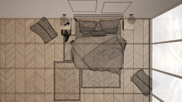 Пустой белый интерьер с паркетным полом, индивидуальный проект по архитектуре, черно-чернильный эскиз, чертеж интерьера спальни, вид сверху, план сверху — стоковое фото