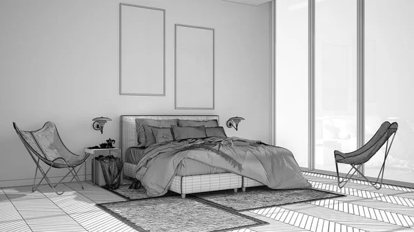 Projet inachevé de chambre minimaliste, lit avec oreillers et couvertures, parquet, tables de chevet et tapis, grande fenêtre panoramique, idée de concept d'architecture moderne — Photo