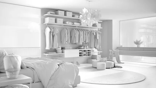 Projet blanc total de chambre à coucher moderne de luxe avec dressing, vêtements, parquet, fenêtre panoramique avec panorama d'hiver, tapis, pouf, architecture minimale design d'intérieur — Photo