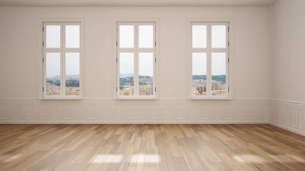 Diseño interior de la habitación vacía, espacio abierto con paredes blancas y suelo de parquet de madera, arquitectura contemporánea moderna, luz de la mañana, ventanas panorámicas, maqueta con espacio para copias — Foto de Stock