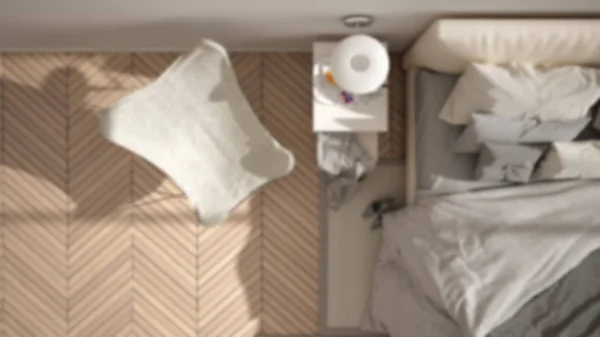 Projeto de interiores de fundo Blur: quarto minimalista, cama com travesseiros e cobertores, parquet, mesas de cabeceira e carpete, vista superior — Fotografia de Stock