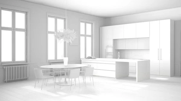 Całkowity projekt projektu minimalistycznej kuchni w klasycznym pokoju, parkiet, stół, krzesła, wyspa i panoramiczne okna, idea nowoczesnej koncepcji architektury — Zdjęcie stockowe