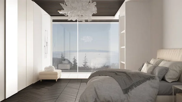 Chambre minimaliste blanche et grise dans un espace contemporain avec parquet, douche, parquet, lit double, grande armoire avec miroir, grande fenêtre panoramique, design intérieur de luxe — Photo