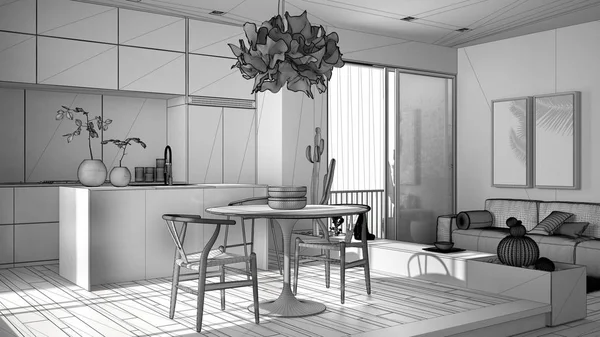 Niedokończony projekt salonu z kanapą, kuchnia, stół, soczyste rośliny doniczkowy, parkiet, okno, panoramiczny balkon, nowoczesna architektura koncepcja wystroju wnętrz — Zdjęcie stockowe