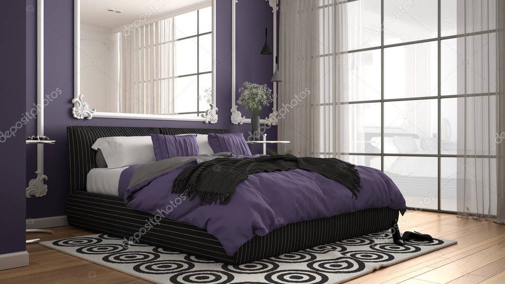 Modern violet colored bedroom in classic room with wall moldings, parquet, double bed with duvet and pillows, minimalist bedside tables, mirror and decors. Interior design concept