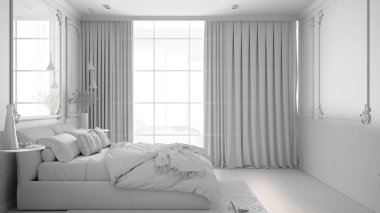 Duvar pervazları, parke, yorgan ve yastık, ayna ve dekorlar, iç tasarım mimari kavramı ile klasik odada modern yatak toplam beyaz proje taslağı