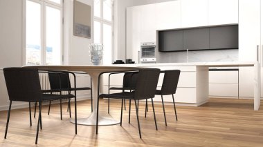 Minimalist beyaz ve siyah mutfak klasik odada kalıplar, parke zemin, sandalye, mermer ada ve panoramik pencereler ile yemek masası. Modern mimari iç tasarım