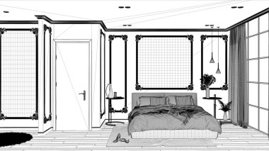 Blueprint proje taslak, duvar pervazları ile klasik odada modern yatak odası, parke, yorgan ve yastık, ayna ve dekorlar, iç tasarım mimari kavramı ile çift kişilik yatak