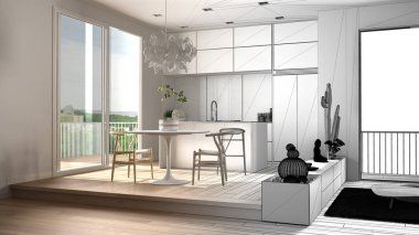 Mimar iç tasarımcı konsepti: gerçek olur bitmemiş proje, oturma odası, mutfak, yemek masası, lezzetli bitkiler, parke zemin, pencere, mimari iç tasarım