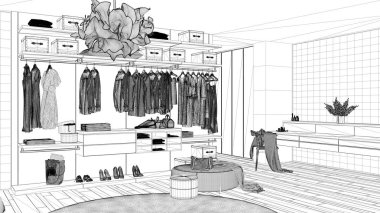 Blueprint proje taslak, giyim ve dekorlar, parke zemin, panoramik pencere, halı, puf, minimal mimari iç tasarım ile walk-in dolap ile lüks modern yatak odası