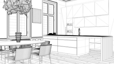 Blueprint proje taslağı, pervazile klasik odada minimalist mutfak, parke zemin, sandalye ile yemek masası, modern mimari iç tasarım konsept fikri