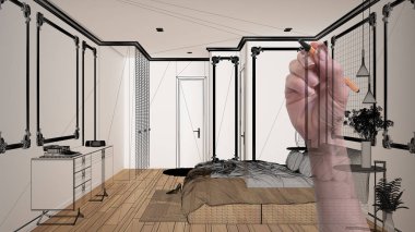 Mimar iç tasarımcı konsepti: el çizim bir tasarım iç proje, çift kişilik yatak ile modern beyaz ve ahşap yatak odası, pervaz ile beyaz duvarlar, başucu masaları