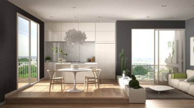 Eko yeşil iç tasarım, kanepe ile beyaz ve gri oturma odası, yemek masası ile mutfak, lezzetli saksı bitkileri, parke zemin, pencere, panoramik balkon. Sürdürülebilir mimari