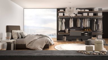 Ahşap vintage masa üst veya mumlar ve çakıl taşları ile raf, zen ruh hali, modern beyaz ve ahşap yatak odası üzerinde walk-in dolap, parke, pencere, beyaz mimari iç tasarım