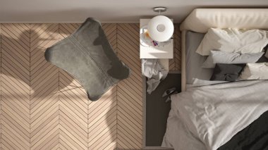 Modern beyaz ve gri minimalist yatak odası, yastık ve battaniye, ringa kemiği parke zemin, başucu masaları, koltuk ve halı ile yatak. Mimarlık, iç tasarım konsepti, üst görünüm