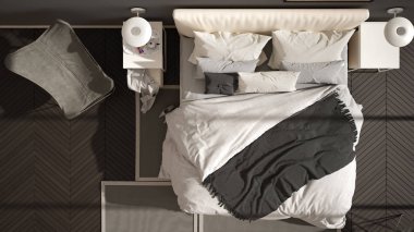 Modern gri minimalist yatak odası, yastık ve battaniye, ringa kemiği parke zemin, başucu masaları, koltuk ve halı ile yatak. Mimarlık, iç tasarım konsepti, üst görünüm