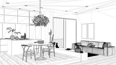 Plan proje taslağı, kanepeile oturma odası, mutfak, yemek masası, sulu saksı bitkileri, parke zemin, pencere, panoramik balkon, modern mimari konsept fikir