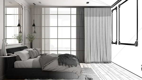 Концепция архитектора интерьера: незавершенный проект, который становится реальным, современная спальня в классическом номере с настенными лепнинами, паркет, двуспальная кровать с пододеяльником, концепция интерьера — стоковое фото