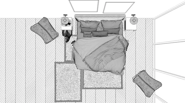 Skiss projekt utkast, minimalistiskt sovrum, säng med kuddar och filtar, parkett, sängbord och matta, stort panoramafönster, modern arkitektur koncept idé, uppifrån — Stockfoto