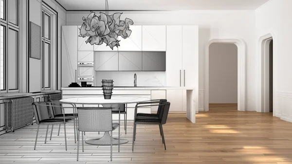 Architetto concetto di interior designer: progetto incompiuto che diventa realtà, cucina in camera classica, parquet, tavolo da pranzo, sedie, isola e finestre, concetto di architettura moderna idea — Foto Stock