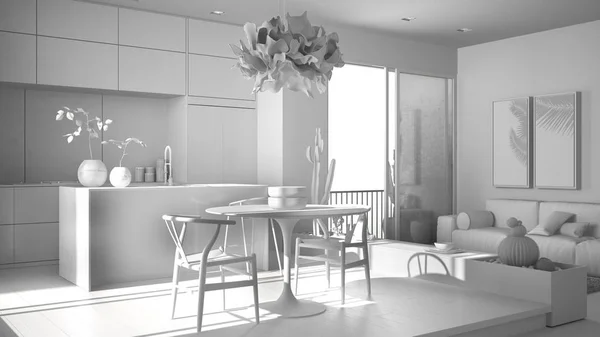 客厅总白色项目，有阳台、厨房、餐桌、多汁盆栽、镶木地板、窗户、全景阳台、现代建筑理念 — 图库照片