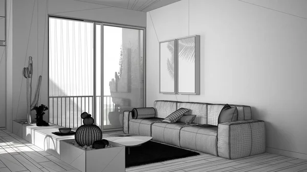 Незавершенный проект гостиной с диваном, ковровым покрытием и подушками, сочными растениями в горшках, паркетным полом, окном, панорамным балконом, концепцией современной архитектуры интерьера — стоковое фото