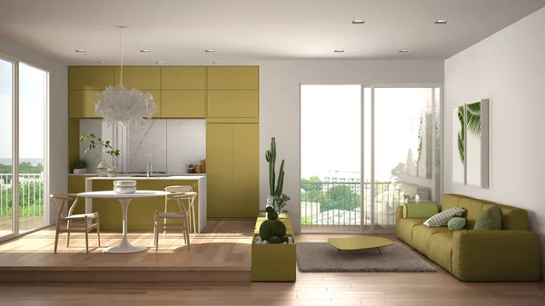 Eco grön inredning, vitt och gult vardagsrum med soffa, kök, matbord, saftiga krukväxter, parkettgolv, fönster, panoramabalkong. Hållbar arkitektur — Stockfoto
