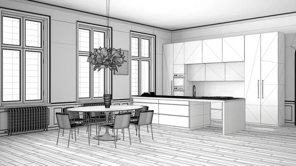 Proyek yang belum selesai dari dapur minimalis di ruang klasik, lantai parket, meja makan, kursi, pulau dan jendela panorama, arsitektur modern ide konsep — Stok Foto