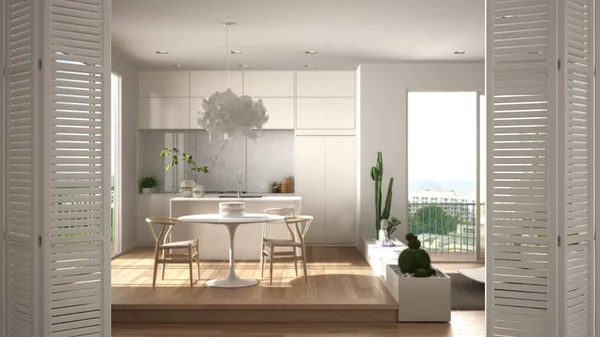Biały składany otwór drzwi na minimalistycznej kuchni z salonem i dużym oknem panoramicznym, kolorowych płytek, białego wystroju wnętrz, koncepcji projektanta architekta, rozmycie tła — Zdjęcie stockowe