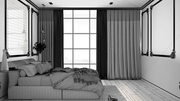 Ofullbordat projekterar av av modernt sovrum i klassiskt rum med vägglister, parkett, dubbelsäng med duntäcke och kuddar, spegel och dekorer, inredningsarkitektur koncept — Stockfoto