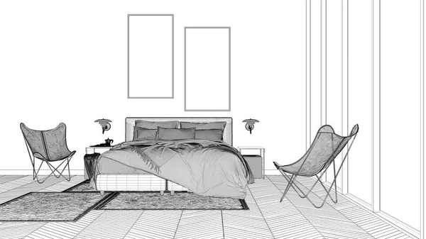 รูปแบบโครงการพิมพ์เขียว, ห้องนอนที่เรียบง่าย, เตียงที่มีหมอนและผ้าห่ม, ปาร์เก้, โต๊ะข้างเตียงและพรม, หน้าต่างขนาดใหญ่, แนวคิดสถาปัตยกรรมสมัยใหม่ — ภาพถ่ายสต็อก