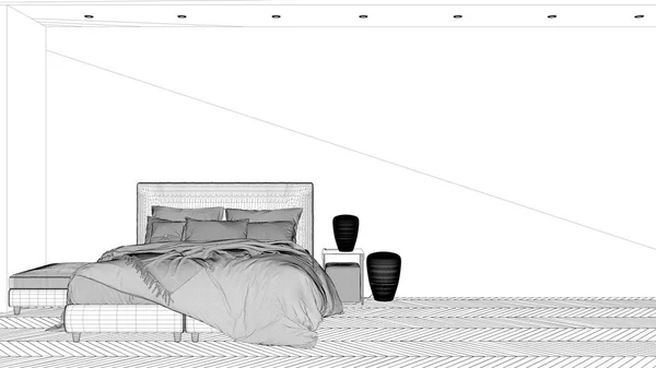 Προσχέδιο σχεδίου, μινιμαλιστικό λευκό φόντο με το κύριο υπνοδωμάτιο στο σύγχρονο χώρο με παρκέ, διπλό κρεβάτι και μαξιλάρια, πολυτελές πρότυπο εσωτερικού σχεδιασμού, αντιγραφή χώρου αντισχέδιου — Φωτογραφία Αρχείου