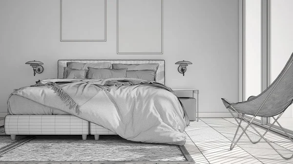 Ημιτελές έργο μινιμαλιστικό υπνοδωμάτιο, κρεβάτι με μαξιλάρια και κουβέρτες, παρκέ, κομοδίνο και χαλί, μεγάλο πανοραμικό παράθυρο, σύγχρονη ιδέα αρχιτεκτονικής αντίληψη — Φωτογραφία Αρχείου