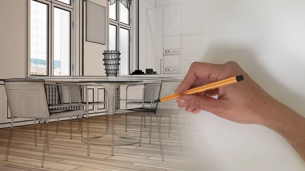 Koncepce designu interiérů architektem: ruční kreslení designu interiérového projektu, zatímco se prostor stává skutečnou, moderní kuchyní s jídelním stolem, koncept interiéru architektury — Stock fotografie