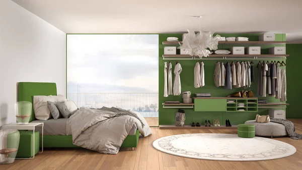 Современная роскошная белая и зеленая спальня с двуспальной кроватью, паркетным полом, панорамным окном с зимней панорамой, ковром, пуфом, минимальным архитектурным дизайном интерьера — стоковое фото