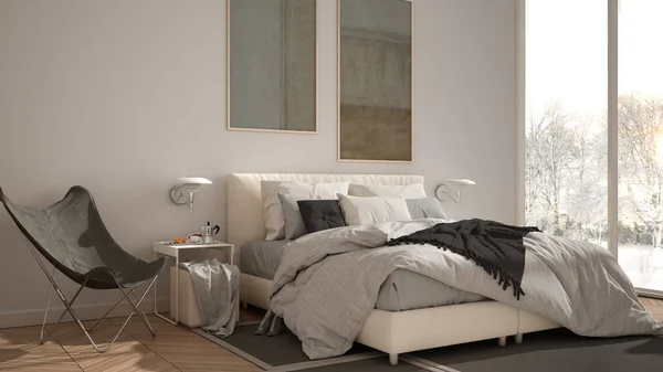 Moderno dormitorio minimalista blanco y gris, cama con almohadas y mantas, parquet, mesitas de noche y alfombra. Ventana panorámica con panorama invernal con árboles y nieve, interiorismo —  Fotos de Stock