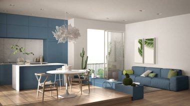Eko yeşil iç tasarım, kanepe, mutfak, yemek masası, sulu saksı bitkileri, parke zemin, pencere, panoramik balkon ile beyaz ve mavi oturma odası. Sürdürülebilir mimari