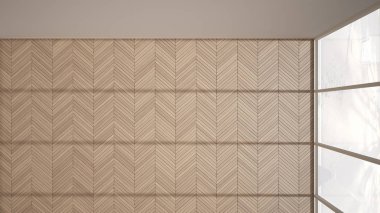 Boş oda iç tasarımı, beyaz duvarlı açık alan ve parke ahşap zemin, modern modern modern mimari, sabah ışığı, fotokopi alanı, üst görünüm, plan, yukarıda