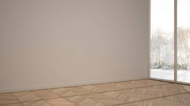 Boş oda iç tasarımı, beyaz duvarlar ve parke ahşap zemin ile açık alan, modern çağdaş mimari, sabah ışığı, panoramik pencereler, kopya alanı ile mock-up