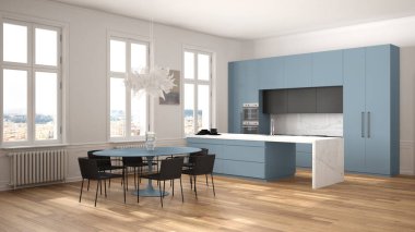 Minimalist mavi ve siyah mutfak klasik odada kalıplar, parke zemin, sandalye, mermer ada ve panoramik pencereler ile yemek masası. Modern mimari iç tasarım