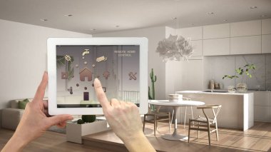 Akıllı uzaktan ev kontrol sistemi dijital tablet. Aygıt app simgeleri ile. Minimalist modern aydınlık oturma odası arka planda, mimari iç tasarım