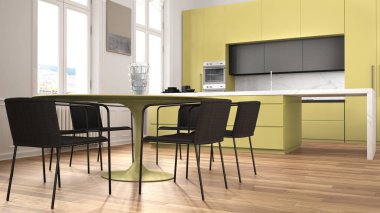 Minimalist sarı ve siyah mutfak klasik odada kalıplar, parke zemin, sandalye, mermer ada ve panoramik pencereler ile yemek masası. Modern mimari iç tasarım