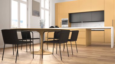 Minimalist turuncu ve siyah mutfak klasik odada kalıplar, parke zemin, sandalye, mermer ada ve panoramik pencereler ile yemek masası. Modern mimari iç tasarım