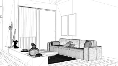 Plan proje taslağı, kanepeli oturma odası, kanepe, halı ve yastıklar, sulu saksı bitkileri, parke zemin, pencere, panoramik balkon, modern mimari konsept fikri