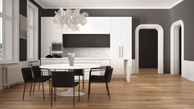 Minimalist beyaz ve siyah mutfak klasik odada kalıplar, parke zemin, sandalye, mermer ada ve panoramik pencereler ile yemek masası. Modern mimari iç tasarım
